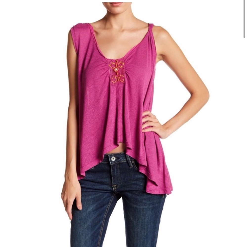 NEW Free People Linen Tank Top Flowy Sleeveless Shirt Beaded Size XS 804